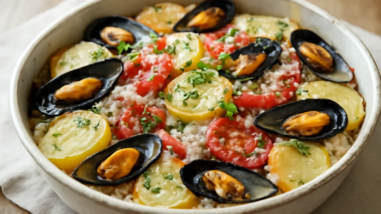 Tiella Barese di Riso, Patate e Cozze