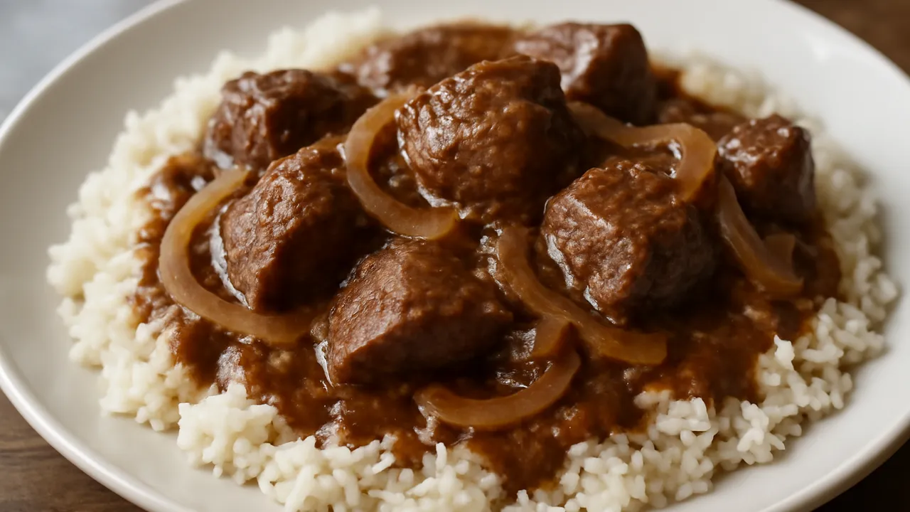 Beef Tips with Brown Gravy over Rice
