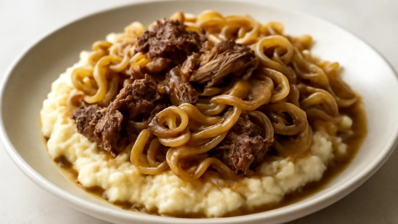 Beef and Noodles over Mashed Potatoes